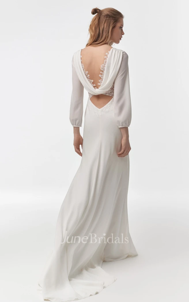 Simple Chiffon V-neck Sheath Long Sleeve Wedding Dress with Lace Cowel Back
