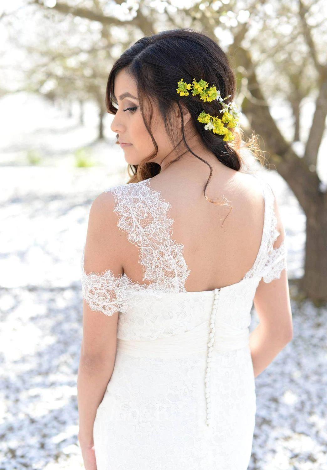 Bohemian Ivory Cap Sleeve V-Neck Lace With Tulle Sash