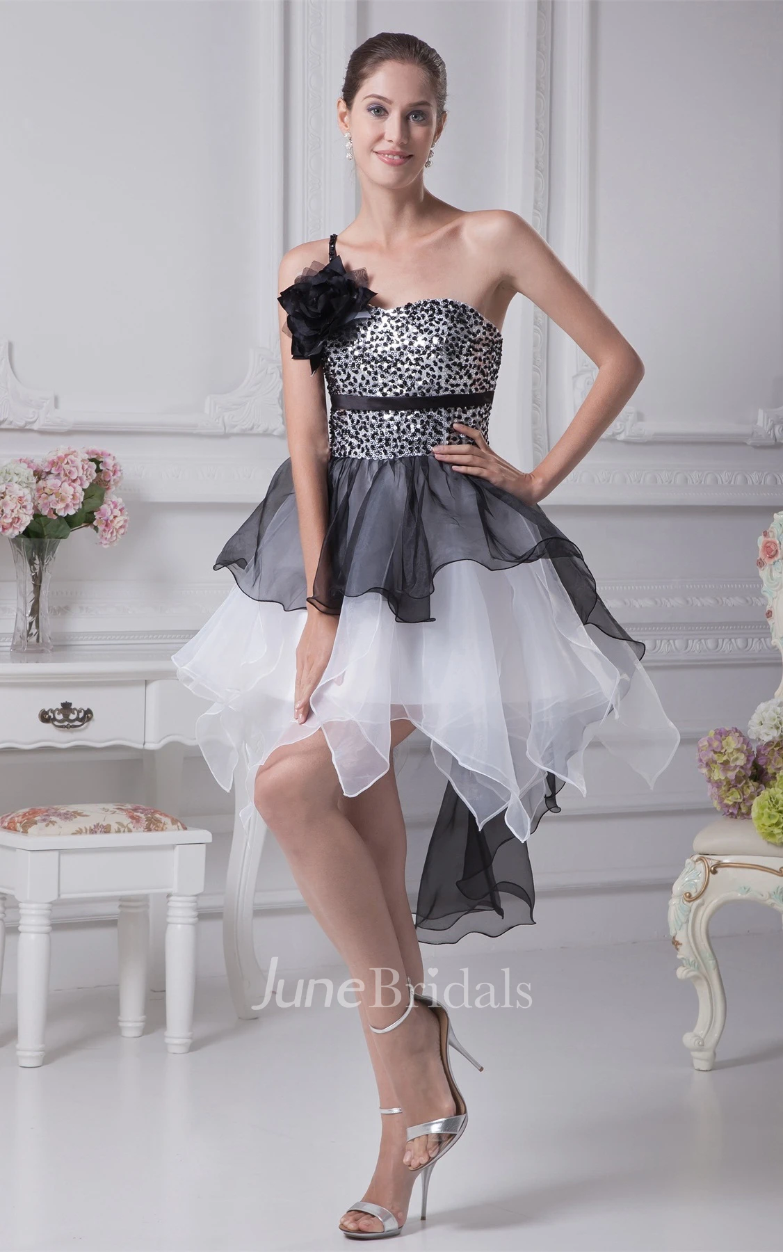 High-Low Flowered One-Shoulder Beaded Bodice Gown with Layered Ruffles