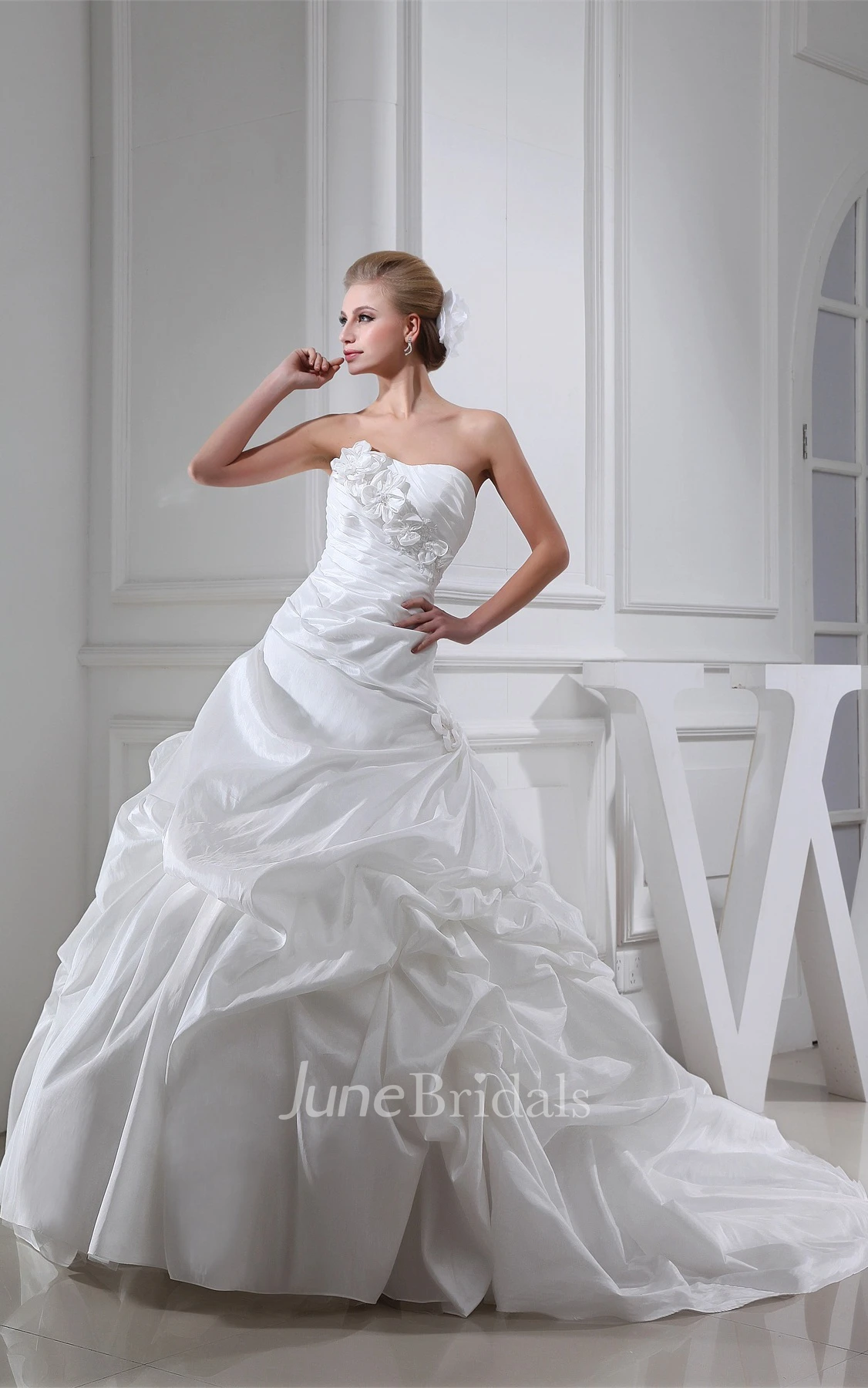Strapless Pick-Up Ball Gown with Ruching and Floral Embellishment