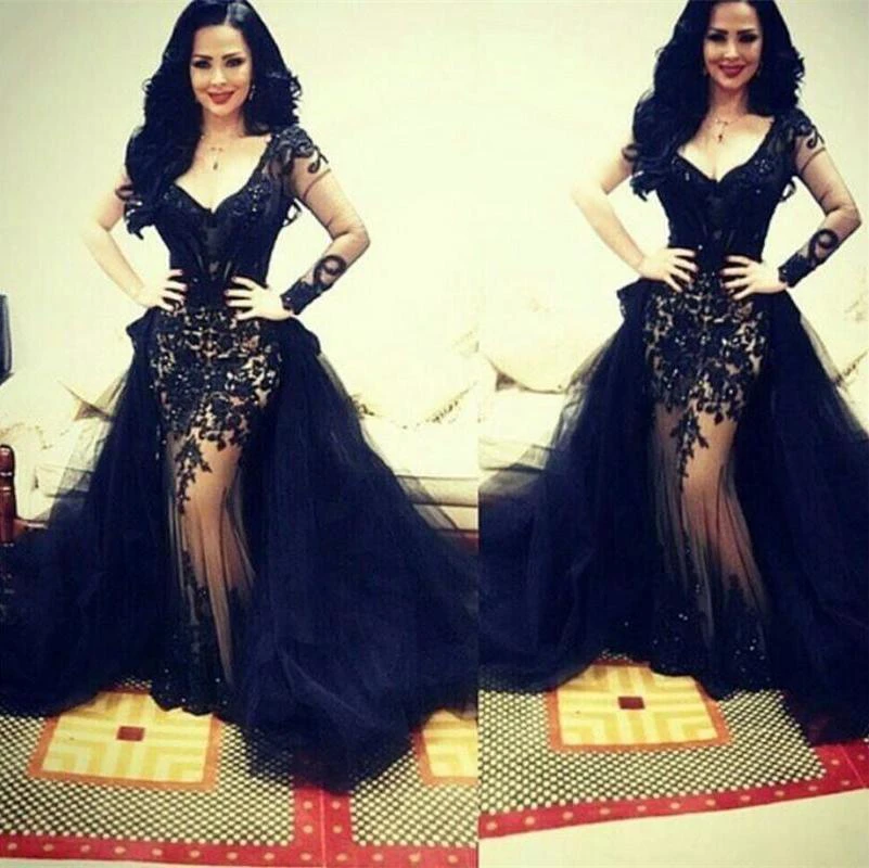 Sexy Tulle Lace Appliques Evening Dress Long Sleeve Court Train