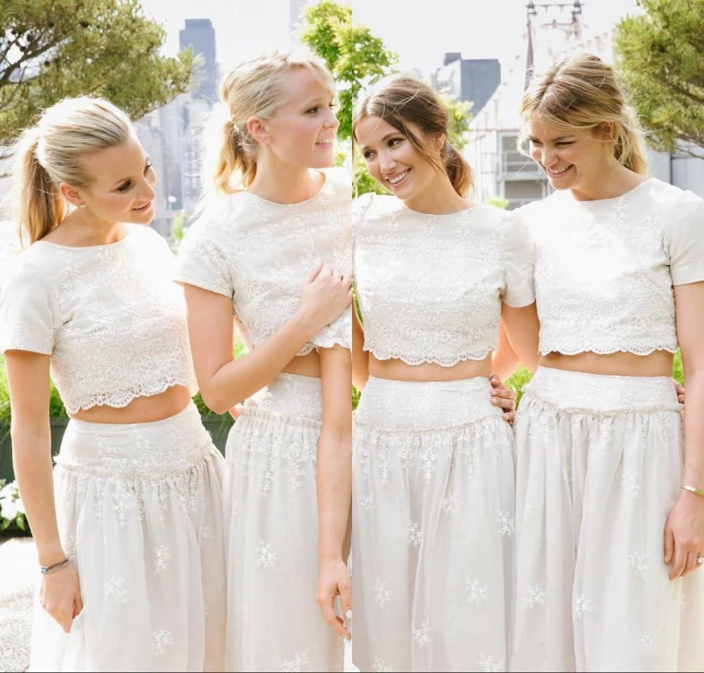 Modern White Two Piece A-line Bridesmaid Dress Lace Short Sleeve Jewel