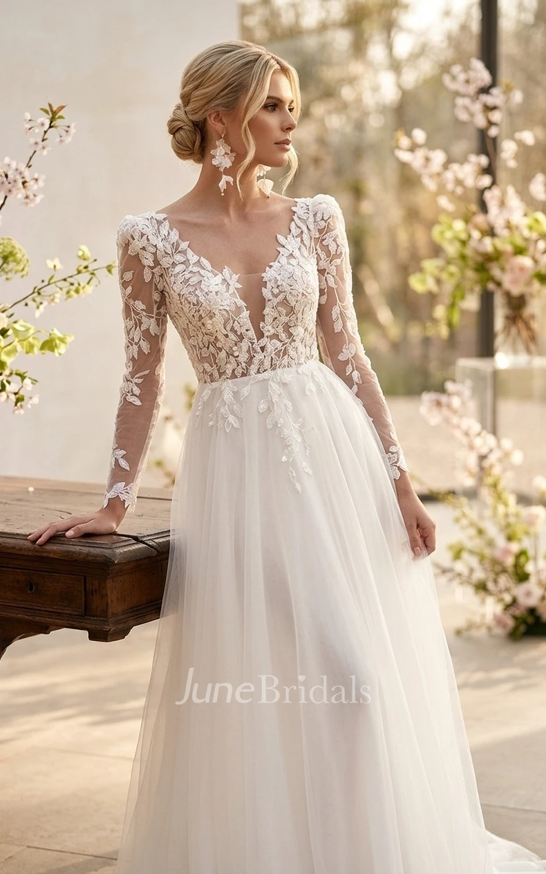 Princess Floral A-Line Bohemian Long Sleeve Maxi Spring Wedding Dress Elopement Sexy V-Neck Low Back Sweep Train Beach Castle Bridal Gown