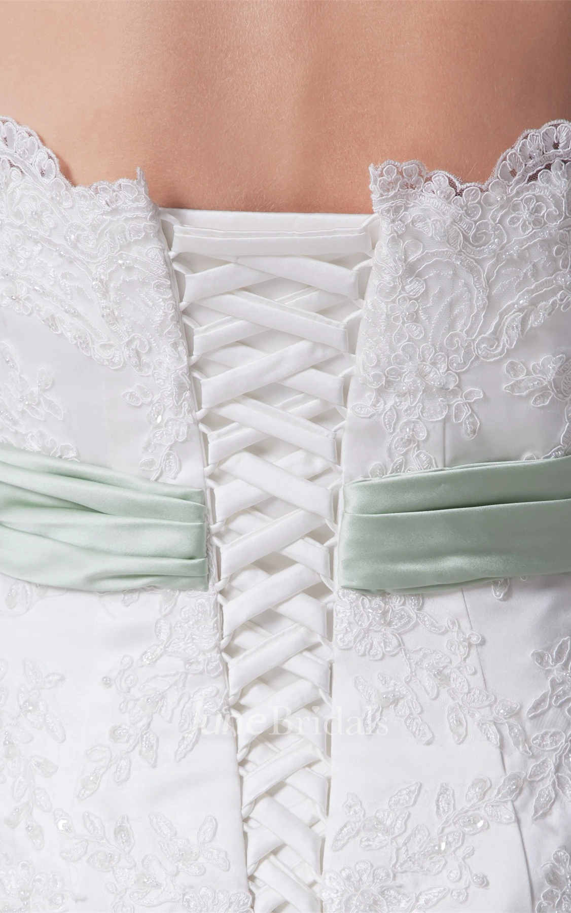 Strapless Appliqued A-Line Gown with Beading and Floral Bow