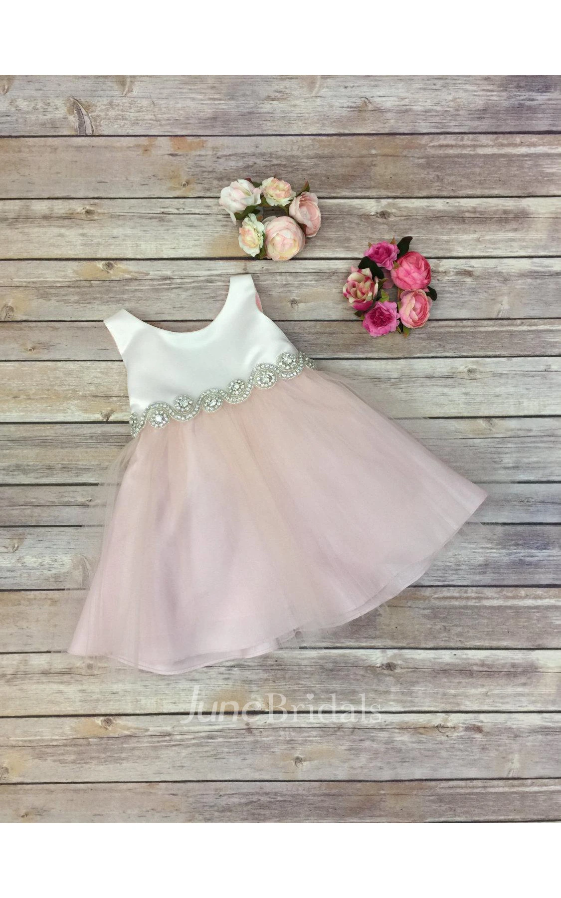 Satin Bodice Sleeveless Tulle Flower Girl Dress With Rhinestone Belt