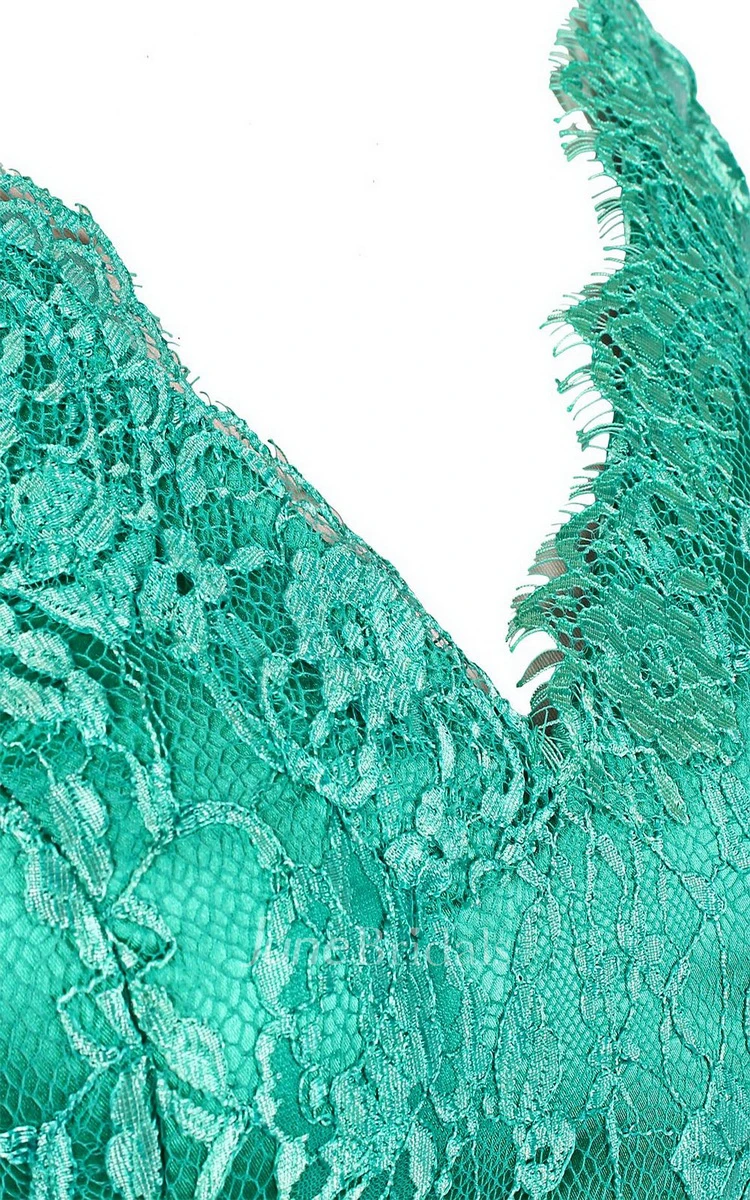 Cap-sleeve V-neck Lace Short Dress With Satin Band