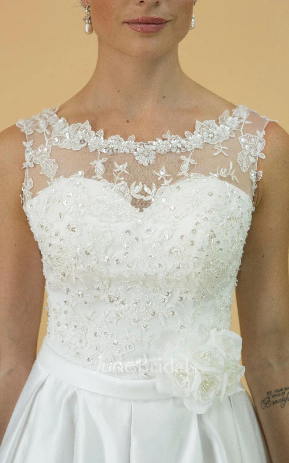 Charming Sex Bateau Neck Sleeveless Long A-Line Satin Dress With Beaded Bodice