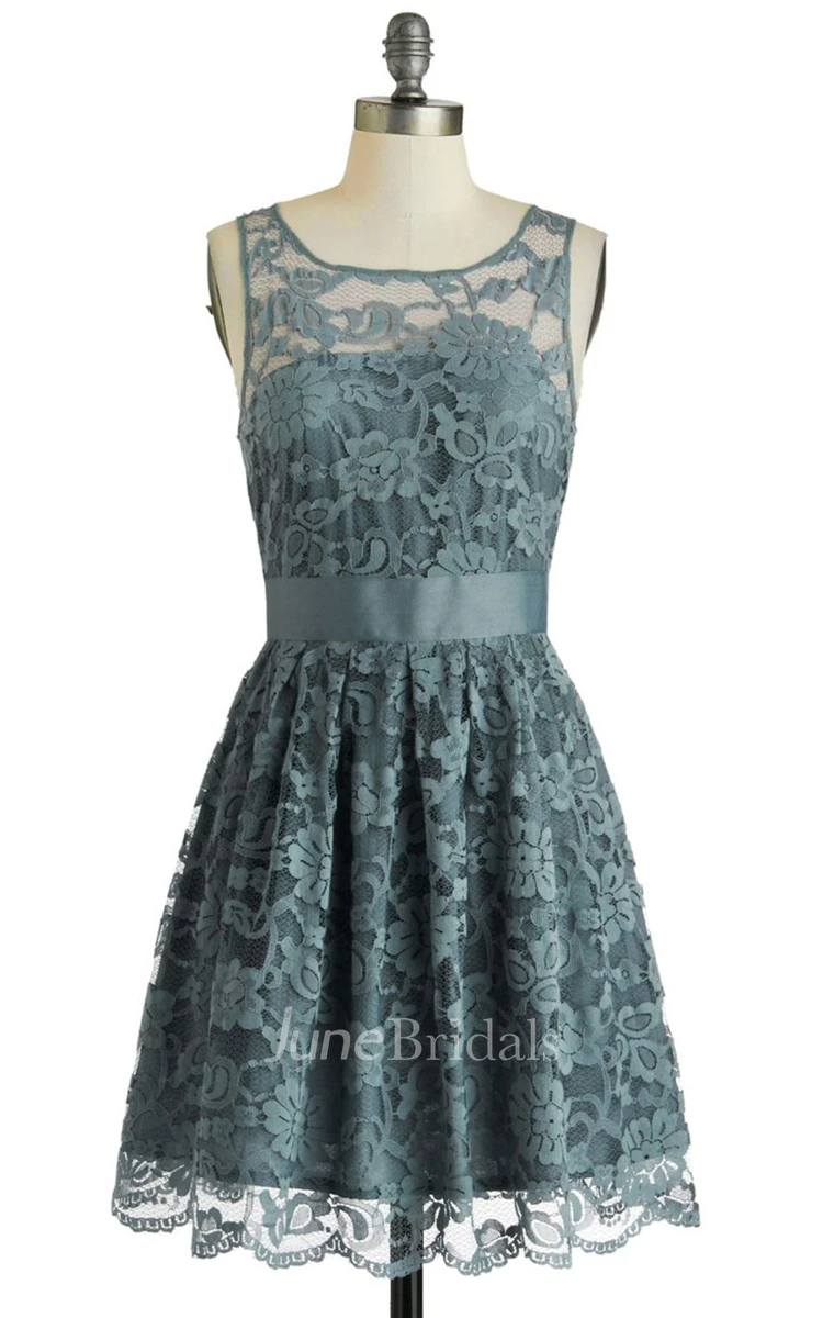 Scoop Neckline Lace Bridal Dress With Belt