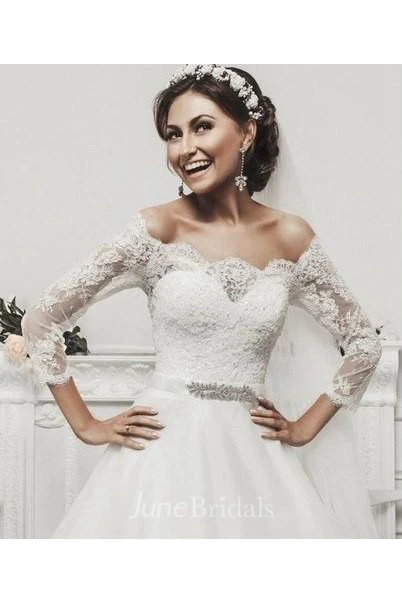 Delicate Tulle Lace Appliques Wedding Dress 3 4-Length Sleeve Beadings