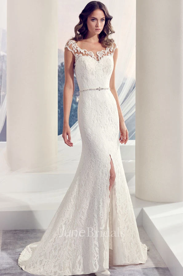 Floor-Length Square Split-Front Jeweled Lace Wedding Dress