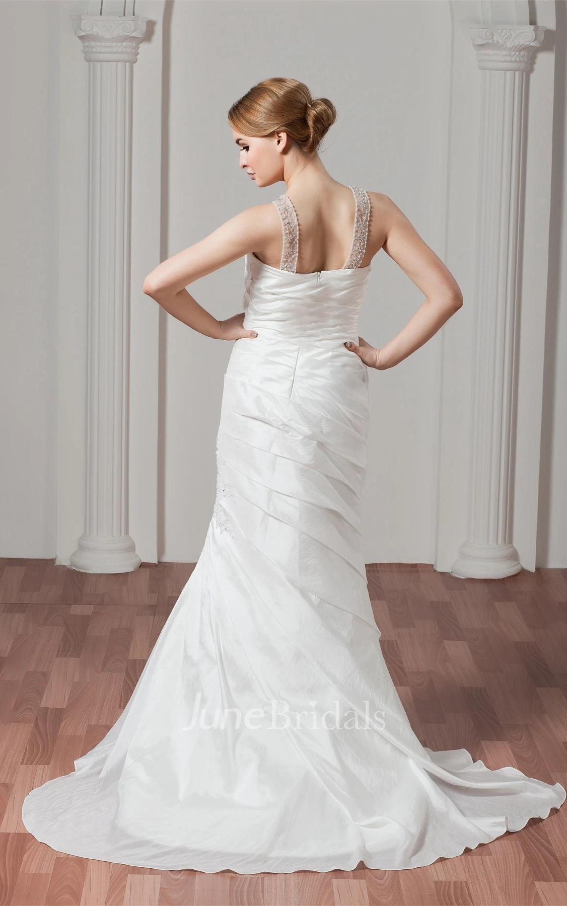 Sleeveless Column Ruched Gown with Appliques and Jeweled Neckline