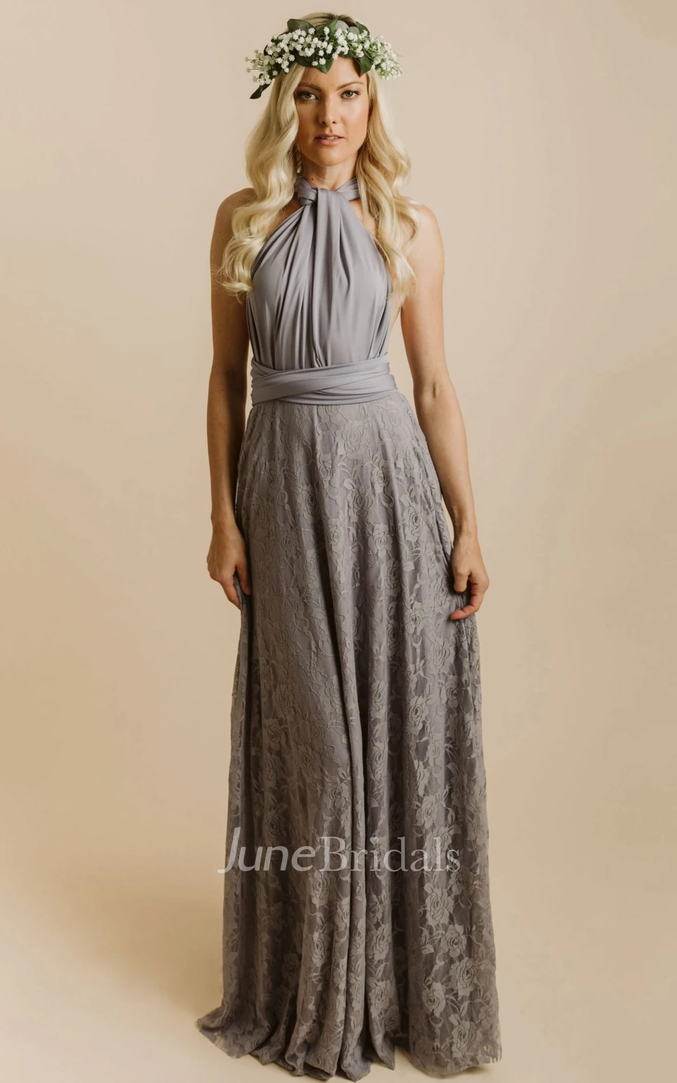 Casual Romantic A-Line Convertible Straps Jersey Bridesmaid Dress With Tied Back And Sash