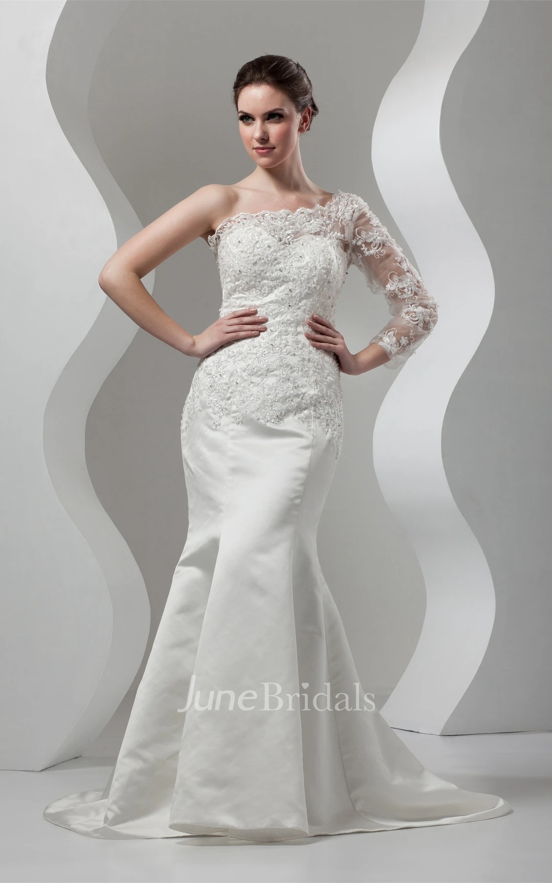 Asymmetrical Mermaid Appliqued Gown with Illusion One Sleeve