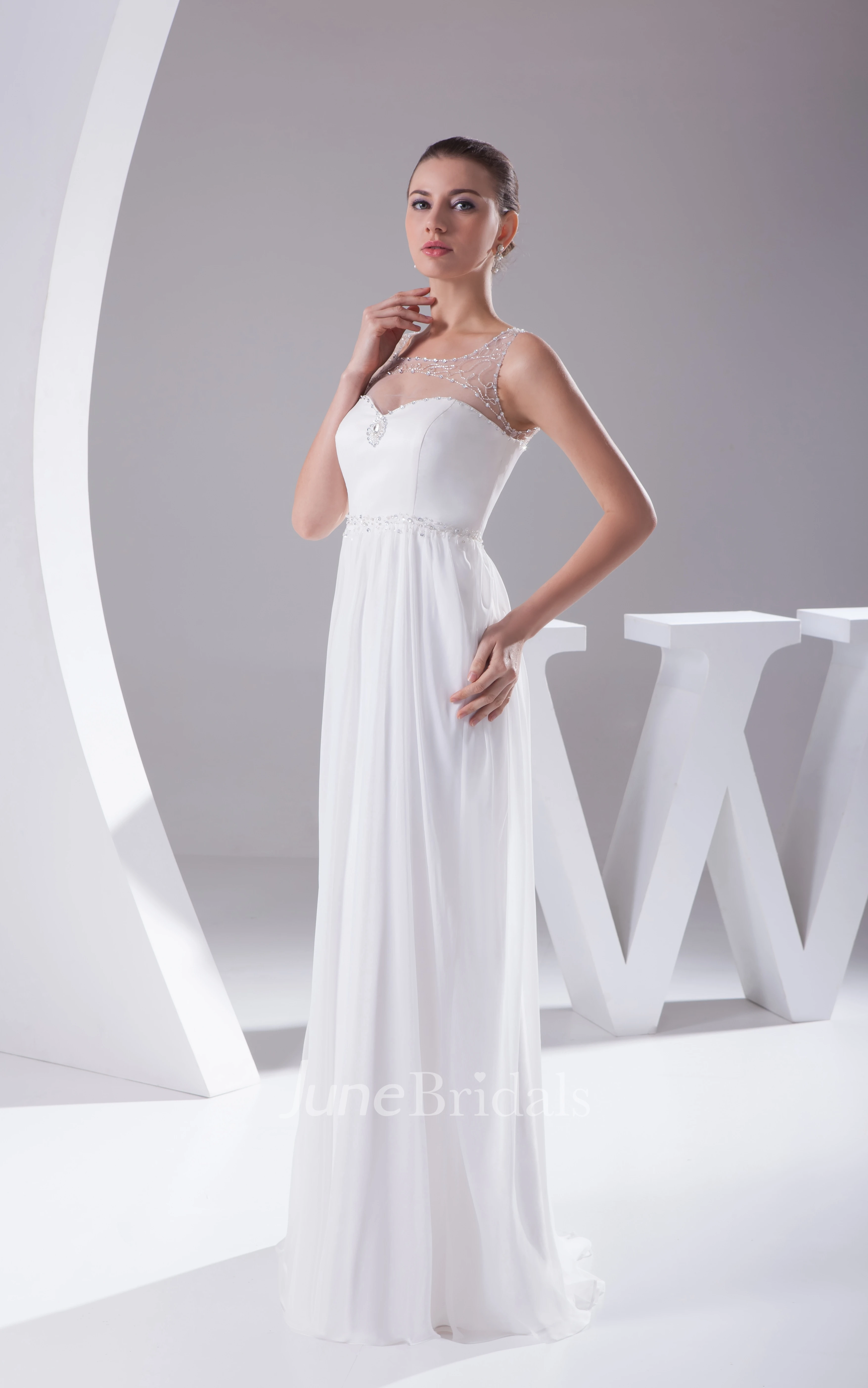 Sleeveless Floor-Length Chiffon Dress With Illusion Neckline