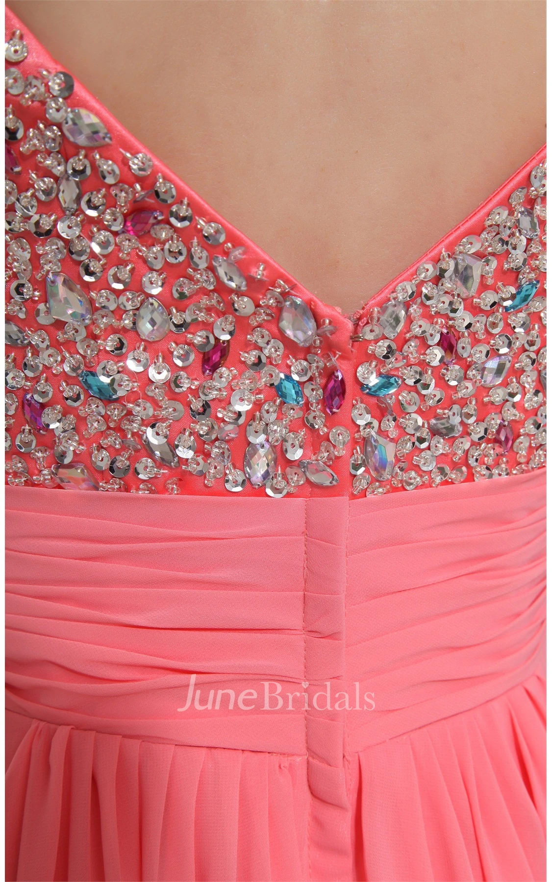 Spaghetti-Strap Chiffon Maxi Dress with Pleats and Rhinestone