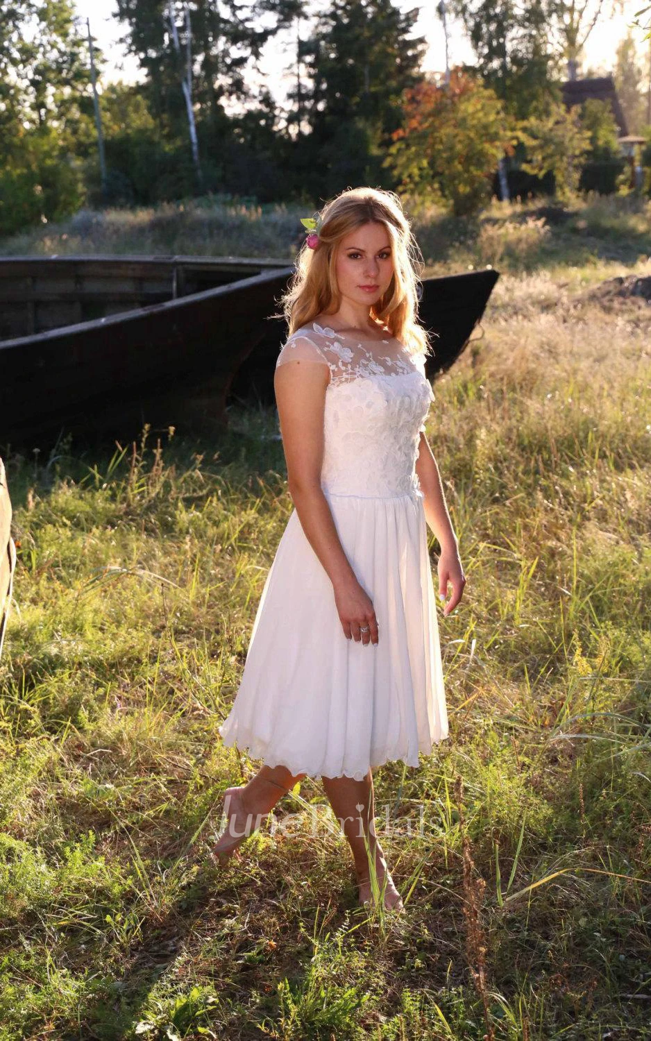 Tea-Length Sweetheart Chiffon Lace Dress With Illusion Lace-Up Back