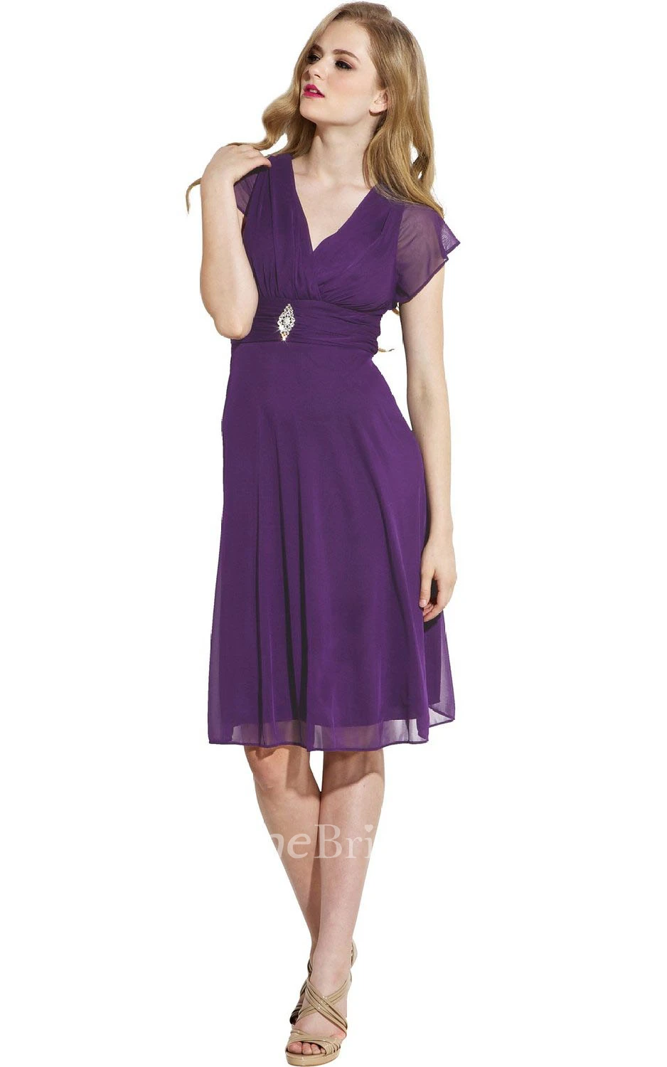 Short Sleeve V-neck Knee-length Chiffon Dress With Beading