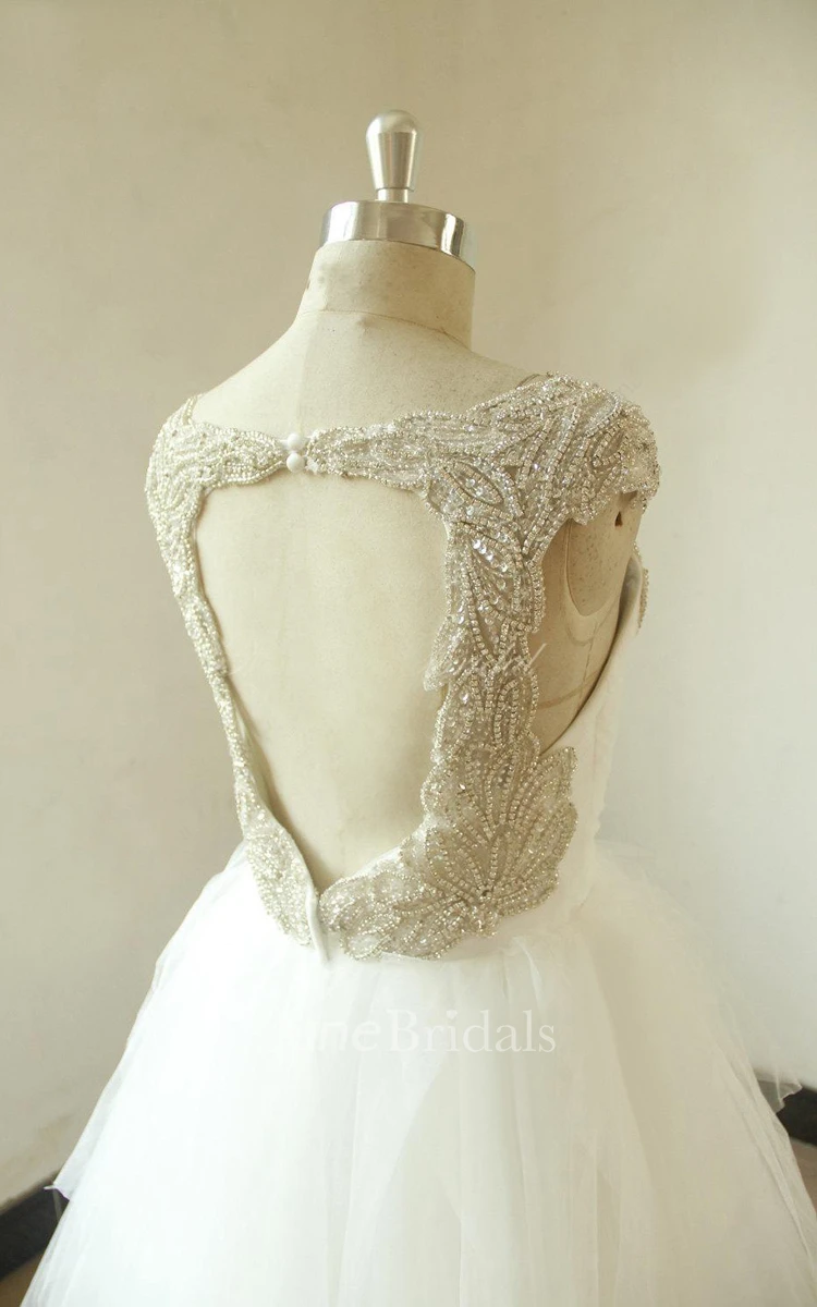 A-Line Tulle Satin Dress With Beading Ruffles Keyhole Back