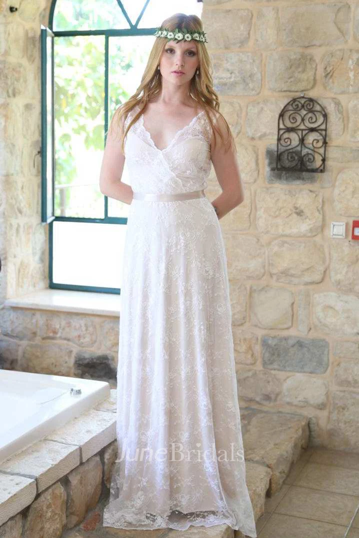 Plunged Sleeveless Lace Sheath Wedding Dress With Keyhole And Ribbon