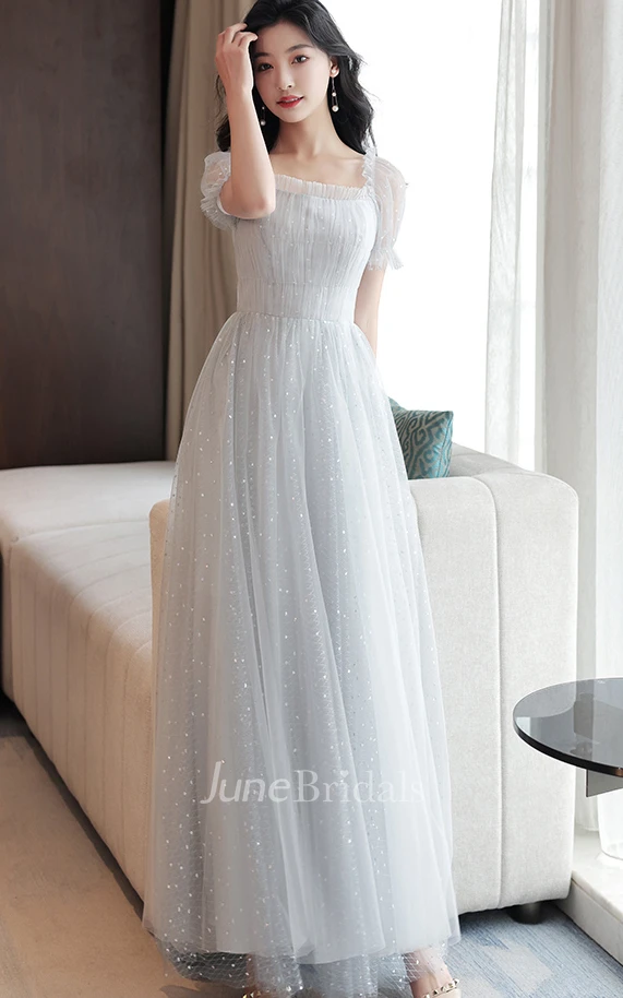 Simple Tulle Off-the-shoulder Square V-neck A Line Evening Formal Dress With Ruching