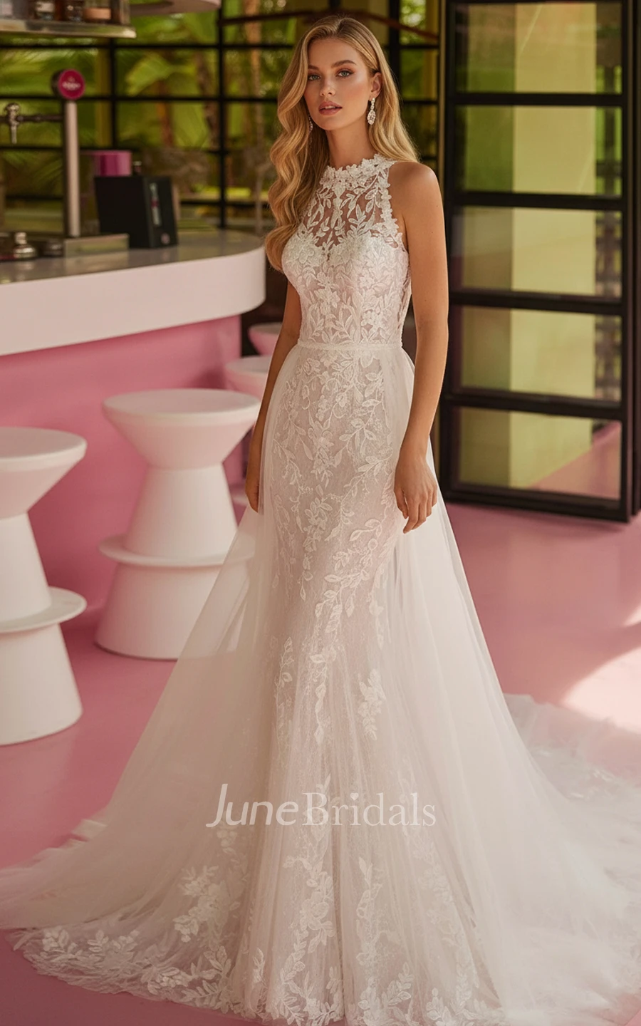 Mermaid Sleeveless Lace Wedding Dress High Neck Backless Bridal Gown with Open Back