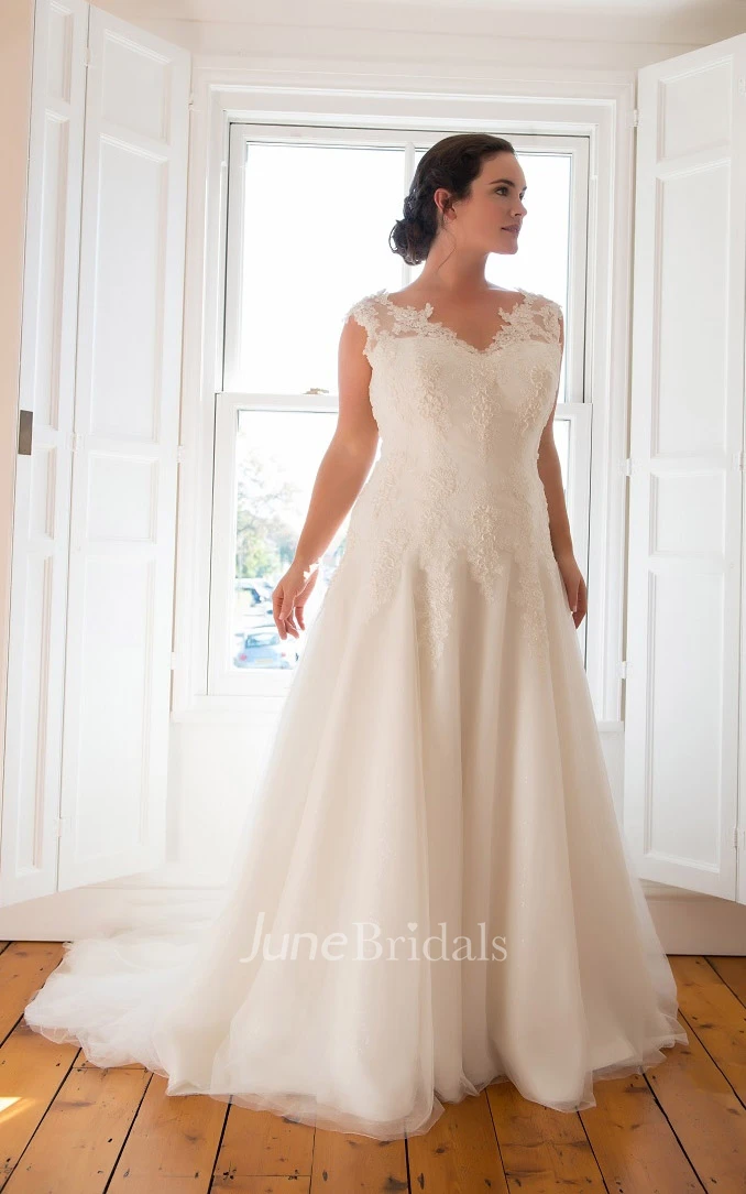 A-Line Long V-Neck Sleeveless Tulle Court Train Pleats Dress