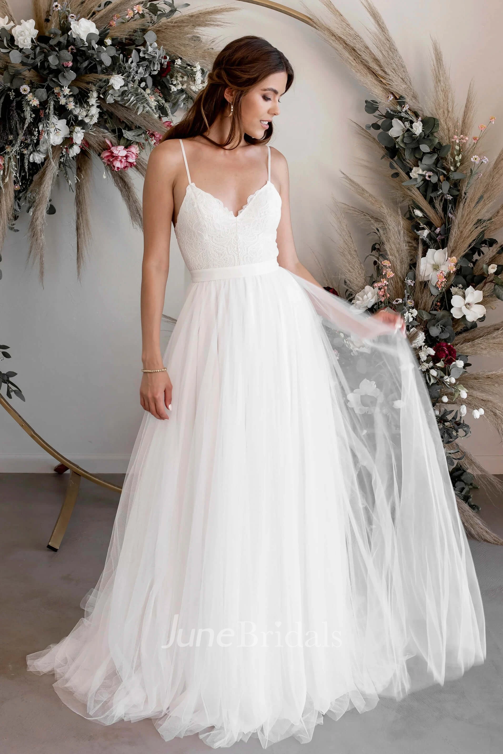 Spaghetti V-neck A-line Casual Ethereal Sexy Lace Tulle Bridal Gown With Court Train