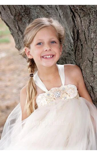 Ivory Flower Sleeveless Empire Waist Beaded Detailing Tulle Dress