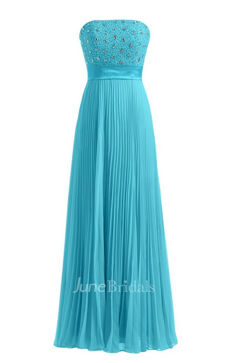 Strapless Empire Long Pleated Dress With Rhinestones