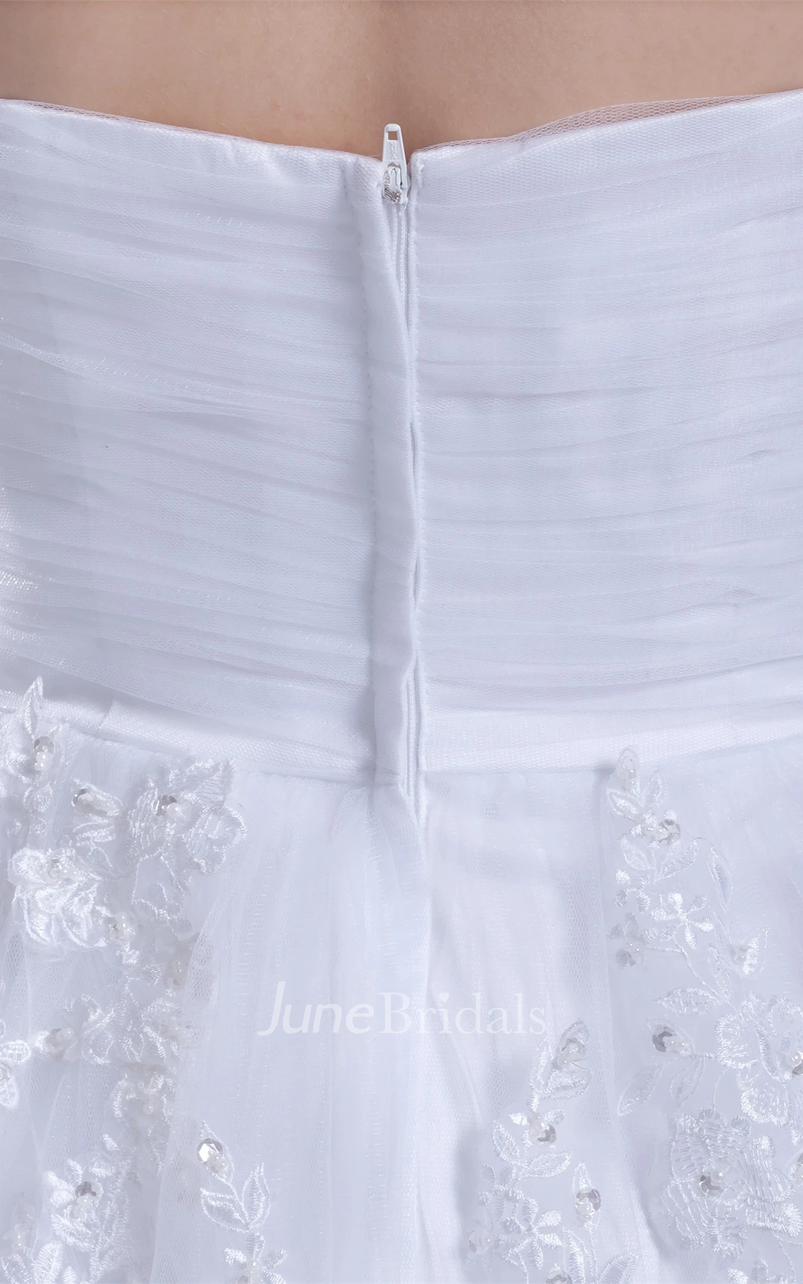 Strapless Ruched A-Line Gown with Appliques and Gemmed Waist