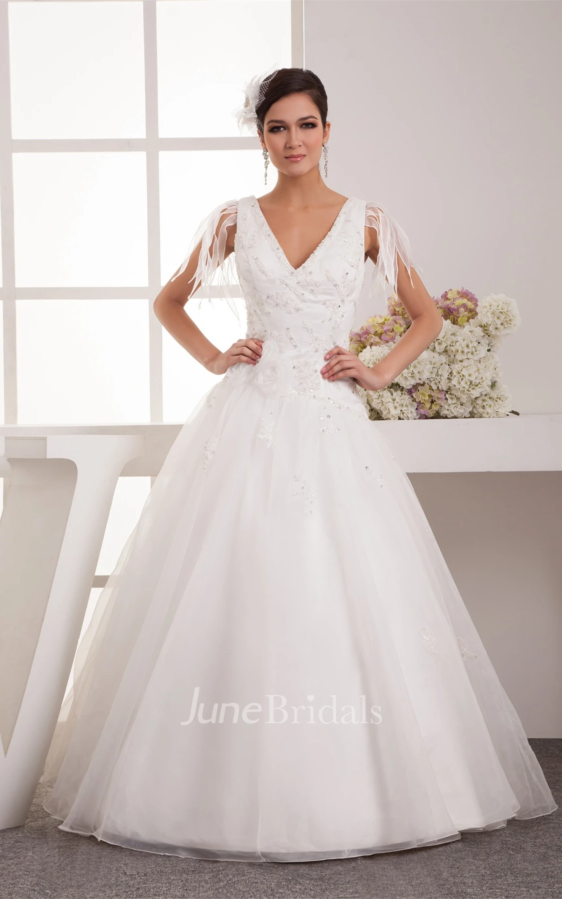 Plunged Tulle A-Line Gown with Pleats and Crystal Detailing