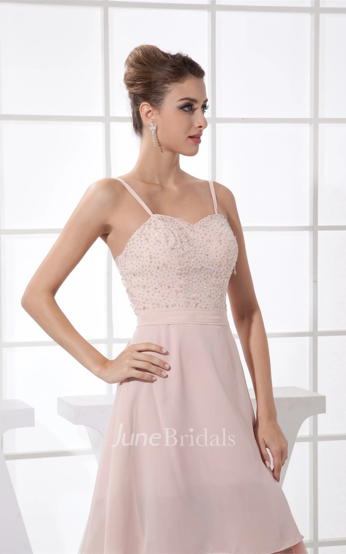 Spaghetti-Straps Knee-Length A-Line Chiffon Dress with Beadings and Zipper Back