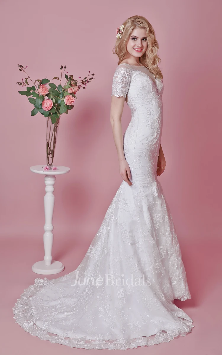 Short Sleeve Lace Trumpet Dress With Illusion Back