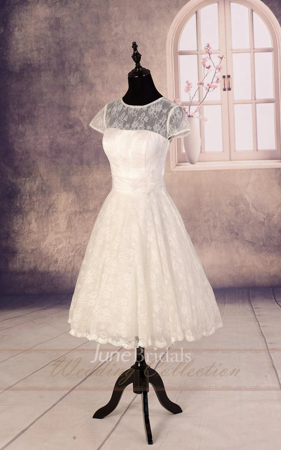 Sheer Lace Wedding Tea Length Wedding Garden Bridal Wedding Gown