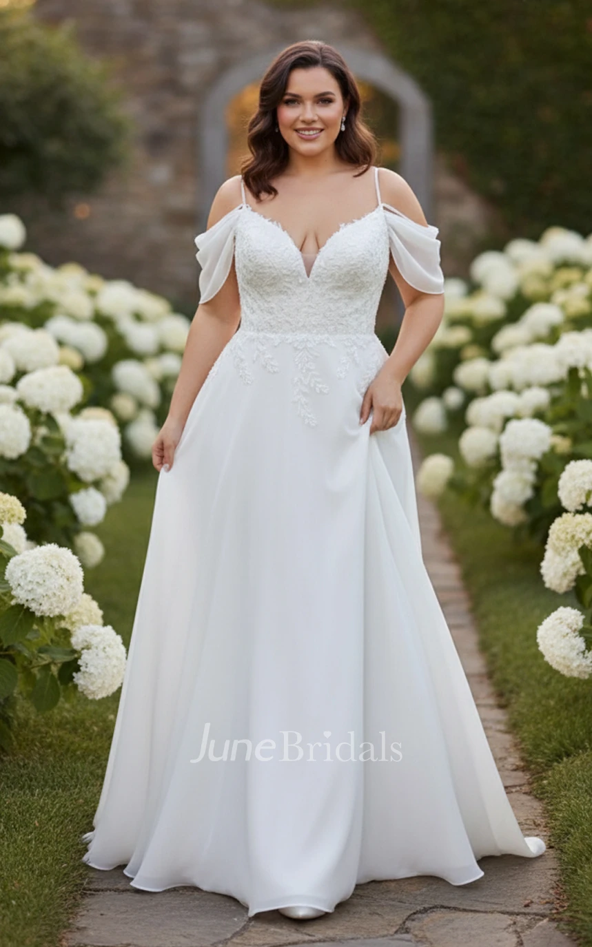 Plus Size A-Line Chiffon Wedding Dress V-Neck Off Shoulder Curvy Flattering Bridal Gown