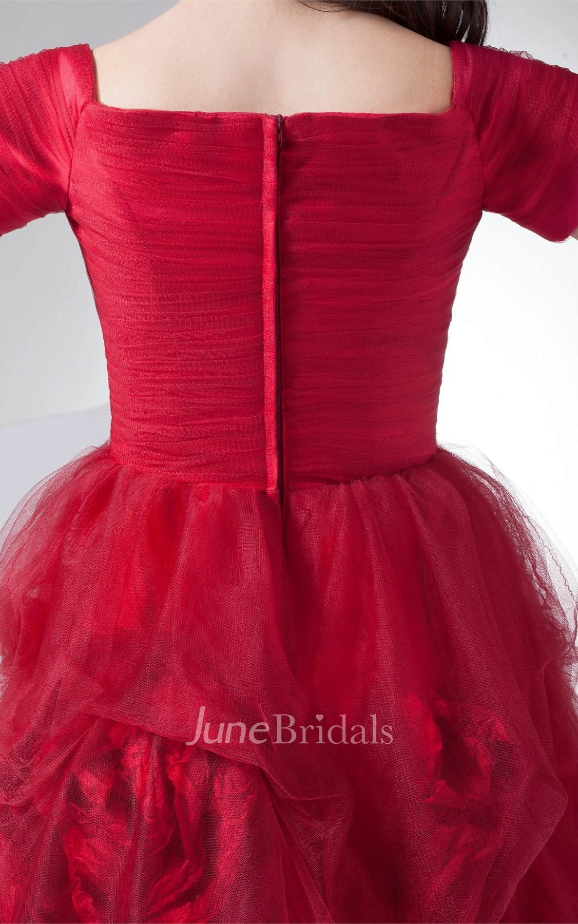 Short-Sleeve Pick-Up A-Line Gown with Ruching and Flower