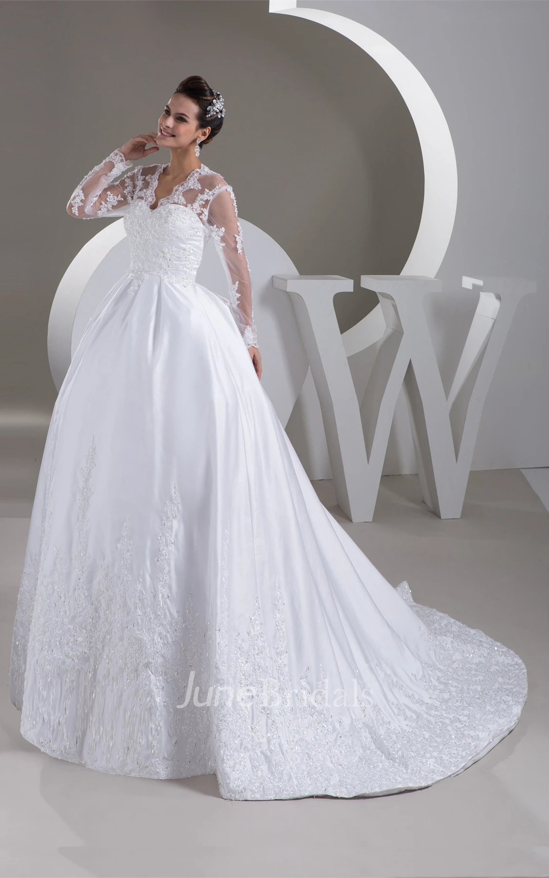 Scalloped-Neck Long-Sleeve Beaded Ball Gown with Illusion