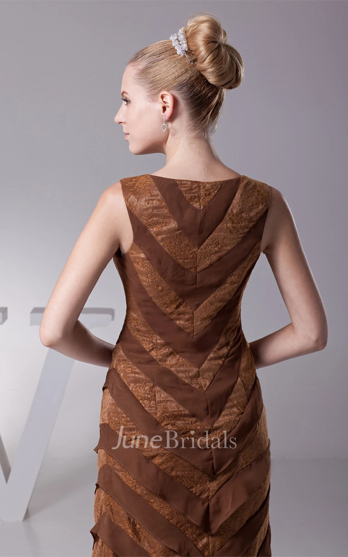 Bateau Sleeveless Tiered Chiffon Sheath Gown with Lace Embroidery