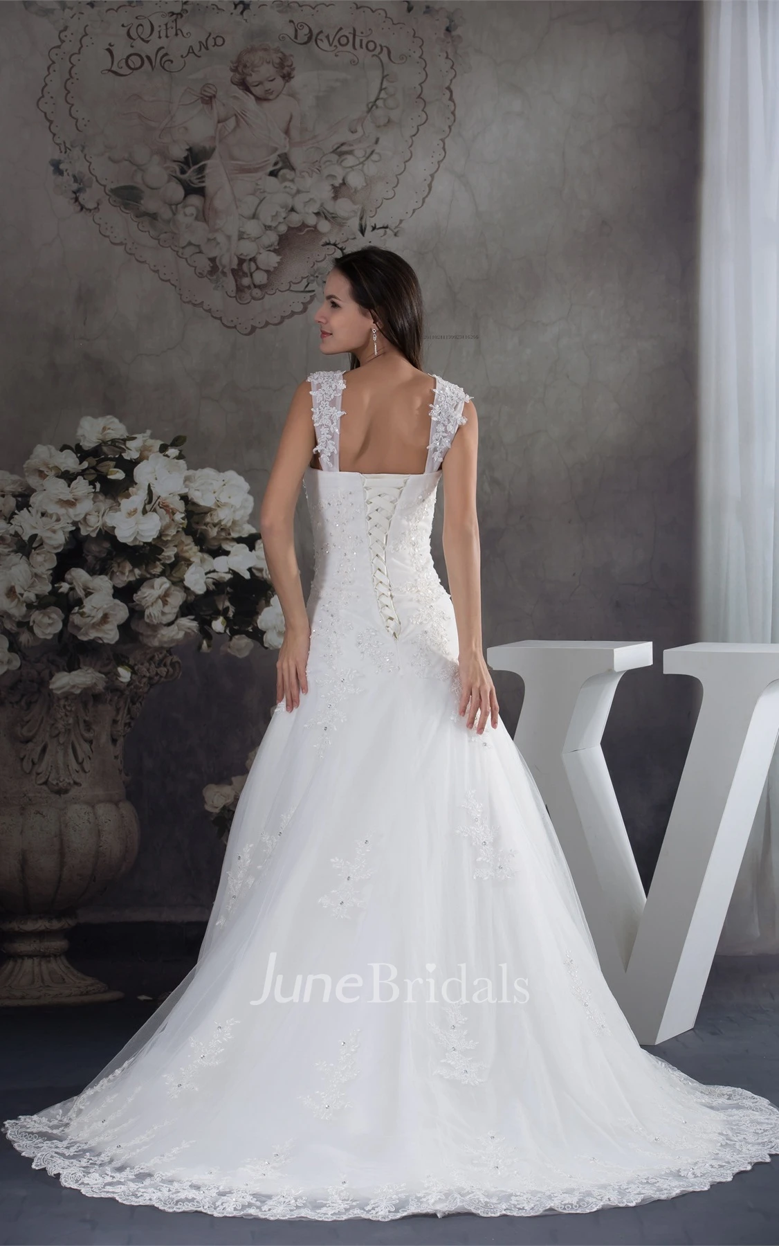 Strapped Lace A-Line Gown with Beading and Court Train