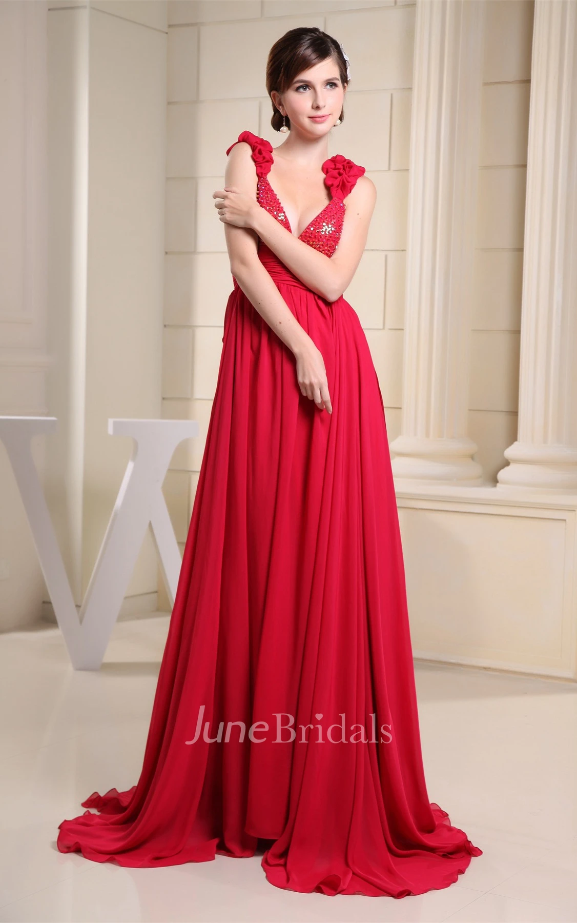 Plunged Chiffon Maxi Dress with Beading and Ruffled Straps