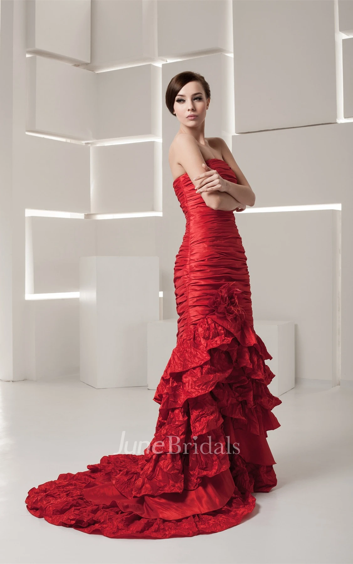 Strapless Column Tiered Dress with Flower and Ruched Bodice