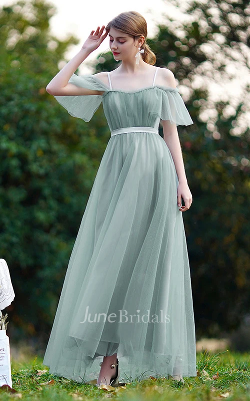 Bohemian Tulle Off-the-shoulder V-neck A Line Formal Dress With Pleats