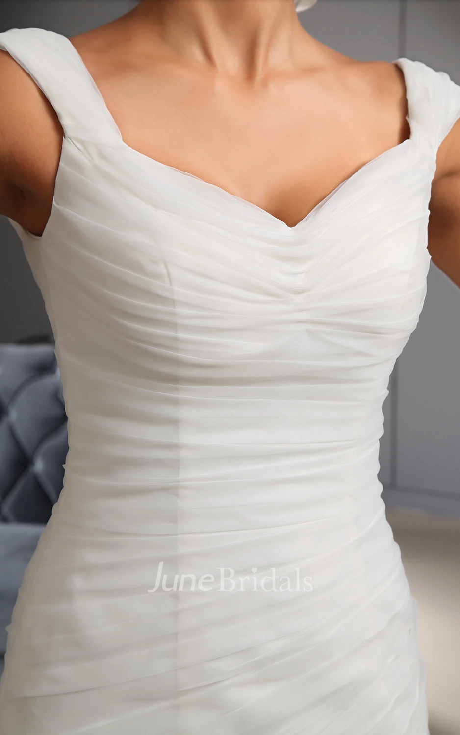 Plunged Organza Ruched Dress With Tulle Overlay