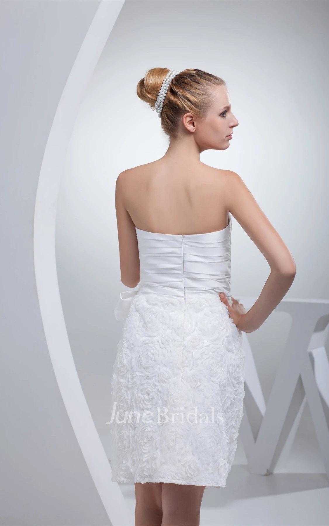 Strapless Knee-Length Appliqued Dress with Ruching and Wrap