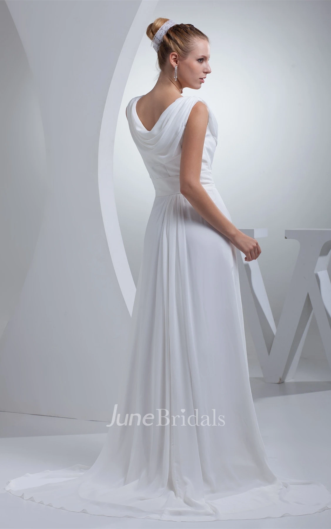 Cap-Sleeve Ruffled Cowl Neck Dress with Pleat and Waistband