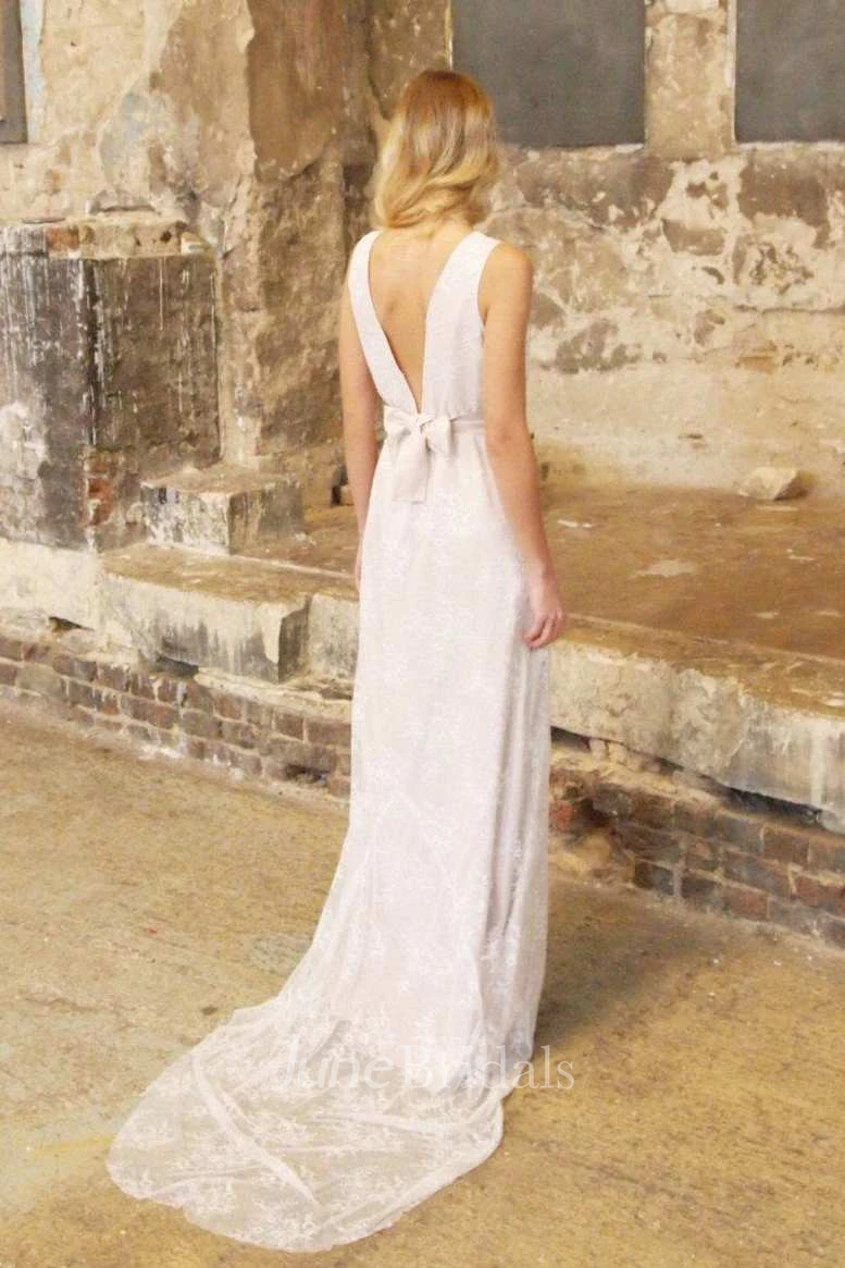 V-Neck Satin Bowed Sash Ribbon Lace Backless Wedding Dress