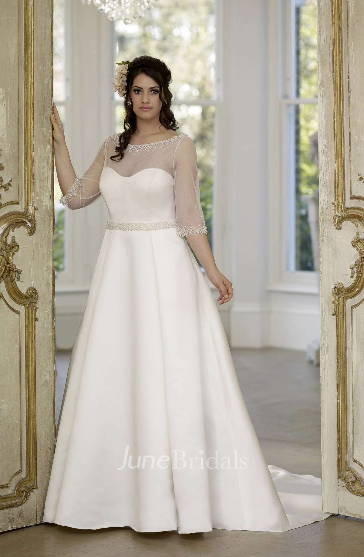 A-Line Long Scoop Neck Half Sleeve Illusion Satin Court Train Low-V Back  Dress