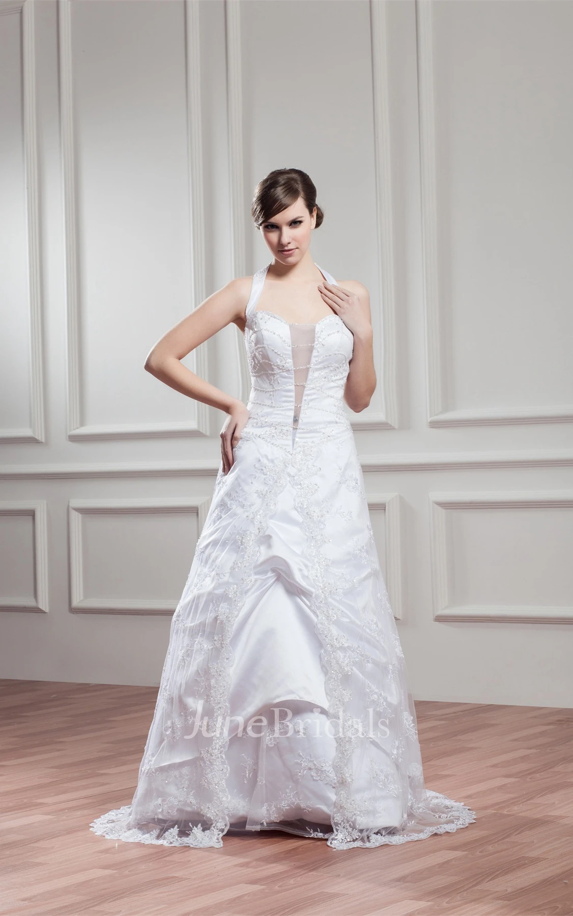 Sleeveless Appliqued A-Line Dress with Illusion and Halter