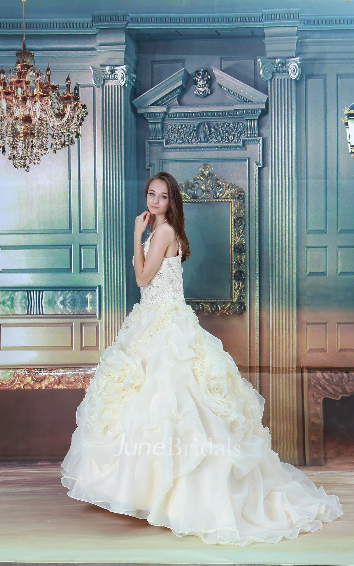 spaghetti-strap ruffled plunged gown with crystal detailing