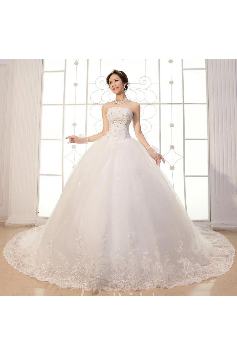 Gorgeous Strapless Beadings Crystal Wedding Dresses Lace-up Tulle Lace Bridal Gown